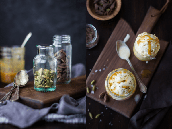 jar of seeds and Smoked Cardamom Ice Cream with Salty Honey Caramel Swirl