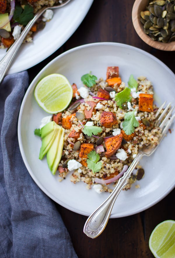 Roasted Sweet Potato and Quinoa Salad with Chile and Lime on a plate
