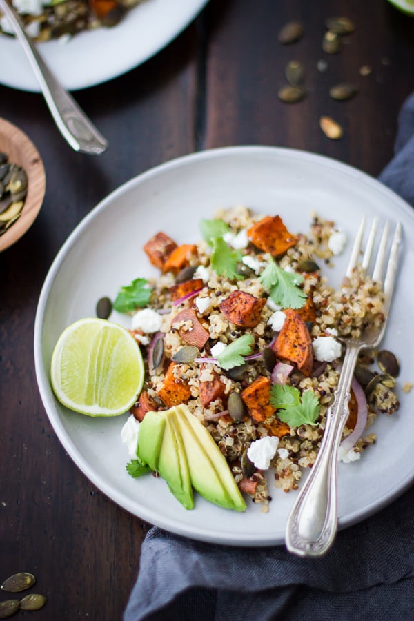 Roasted Sweet Potato and Quinoa Salad with Chile and Lime in a bowl