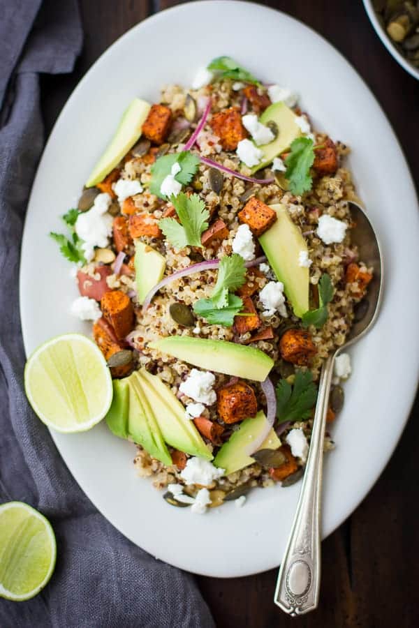 top down shot of Roasted Sweet Potato and Quinoa Salad with Chile and Lim