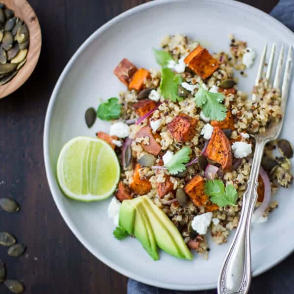 plate of delicious Roasted Sweet Potato and Quinoa Salad with Chile and Lime 