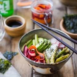 Vegan Sushi Bowls with Miso-Roasted Asparagus and Pickled Carrot in a bowl