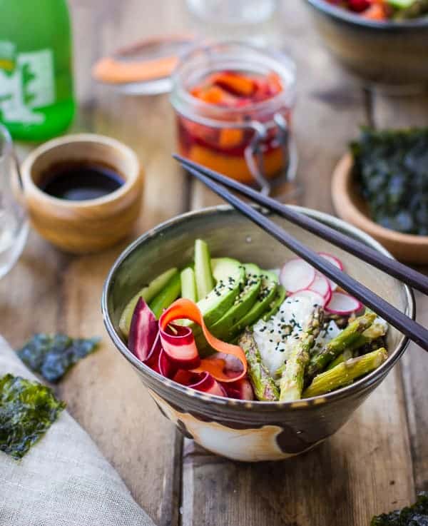 side shot of Vegan Sushi Bowl with Miso-Roasted Asparagus and Pickled Carrot