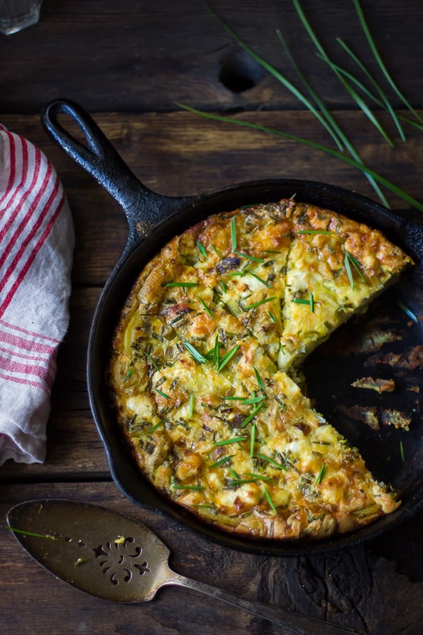 top down shot of Potato and Green Garlic Crustless Quiche with Goat Cheese, Gruyère, and Chives {Gluten-Free} 