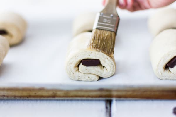 pastry brush on Rye Flour Pains au Chocolat (Chocolate Croissants) 