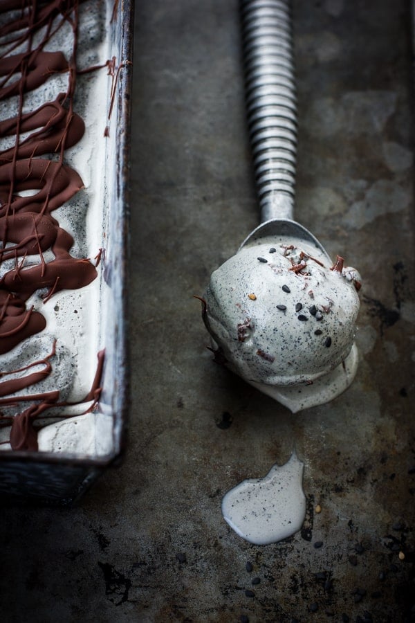 scoop of Black Sesame + Dark Milk Chocolate Chip Ice Cream