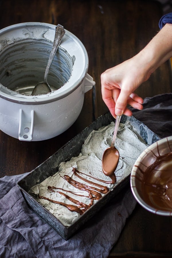 chocolate drizzled on ice cream