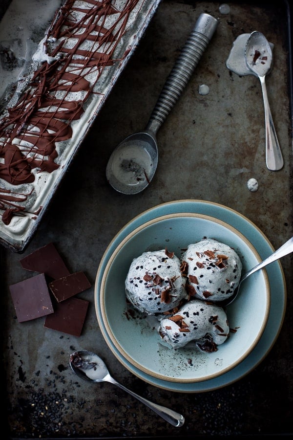 pan and bowl of Black Sesame + Dark Milk Chocolate Chip Ice Cream