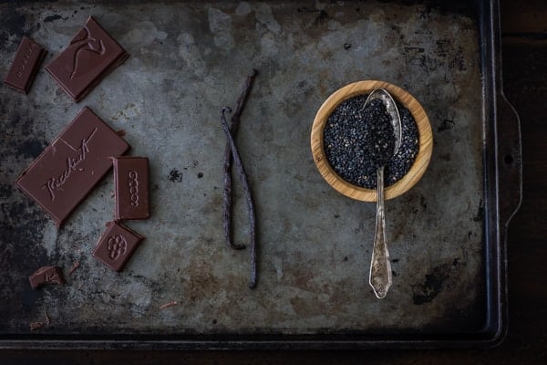 chocolate vanilla and black sesame on tray 