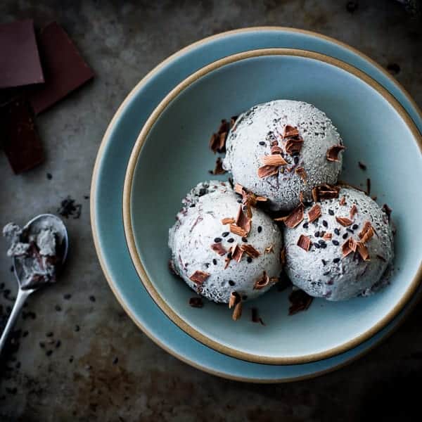 scoops of delicious Black Sesame + Dark Milk Chocolate Chip Ice Cream