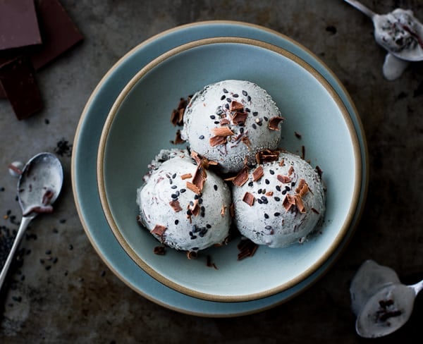 scoops of Black Sesame + Dark Milk Chocolate Chip Ice Cream