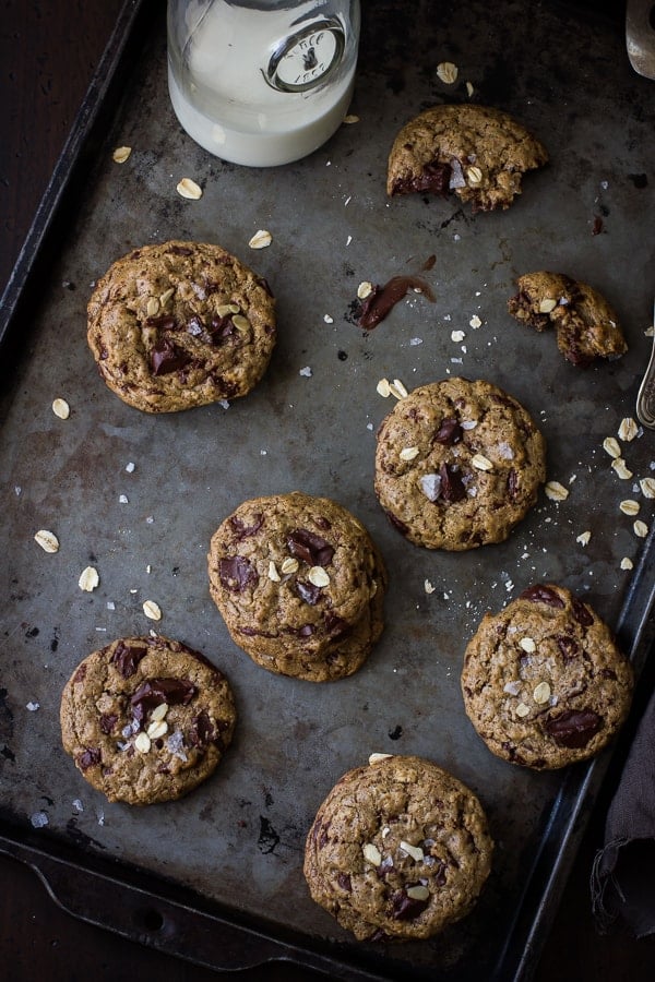 Chocolate Chip Almond Butter Cookies with Buckwheat, Maple, and Oats {Vegan and Gluten-Free} on baking tray