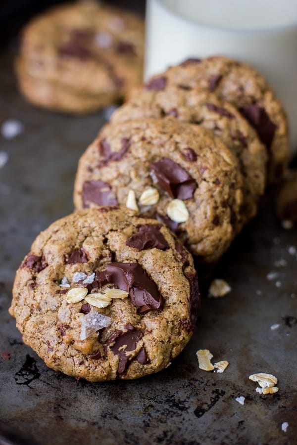 close up of Chocolate Chip Almond Butter Cookies with Buckwheat, Maple, and Oats {Vegan and Gluten-Free}