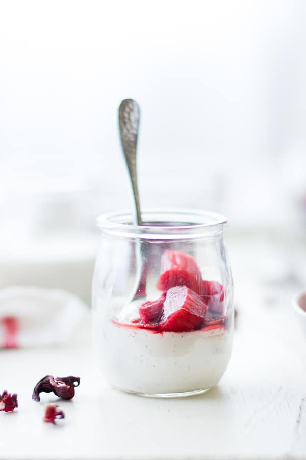 spoon in jar of Hibiscus Rhubarb + Haupia {Coconut Milk Pudding}