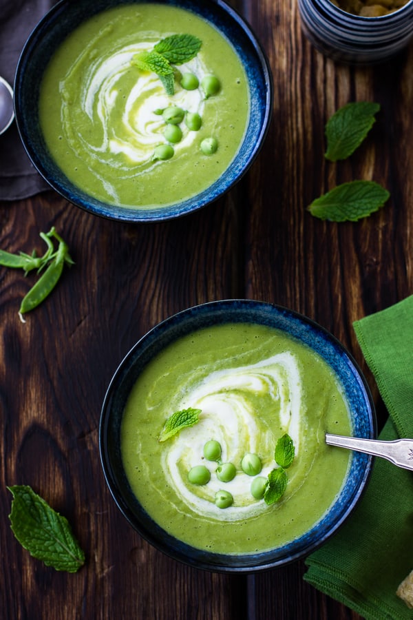 Potage St. Germain {Minted Pea and Lettuce Soup} on a table