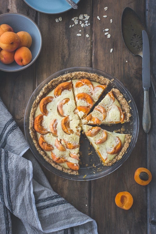 overhead shot of Apricot Custard Pie with Cardamom Crumble Crust {Gluten-Free}