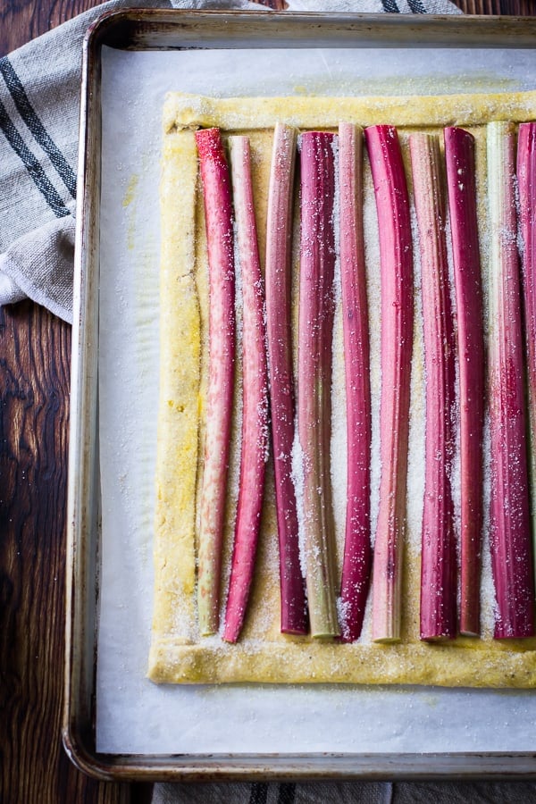 Rustic Rhubarb, Almond, and Honey Tart {Gluten-Free} on baking tray 