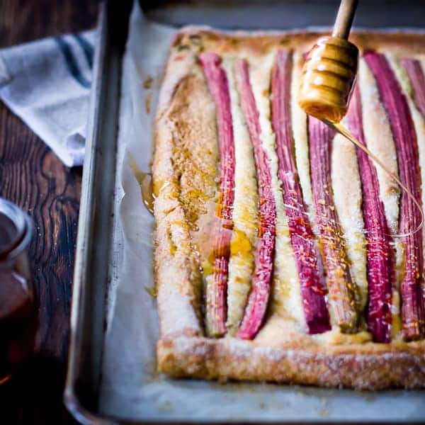 Rustic Rhubarb, Almond, and Honey Tart {Gluten-Free} in a pan