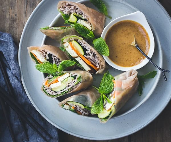 plate of delicious Roasted Zucchini + Soba Noodle Summer Rolls {Vegan + Gluten-Free} 