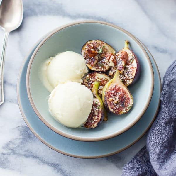 delicious bowl of Za'atar Broiled Figs with Pecans + Goat Cheese Honey Ice Cream 