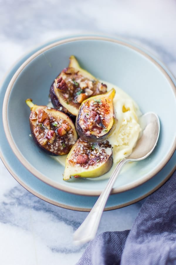 bowl of Za'atar Broiled Figs with Pecans + Goat Cheese Honey Ice Cream