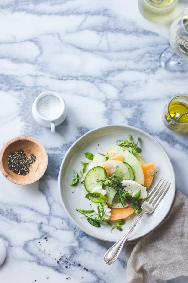 top down shot of Cucumber Melon Caprese Salad