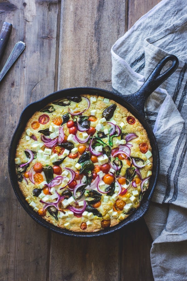 top down shot of A Farmer's Market Cornbread with Sweet Corn, Cherry Tomatoes and Sheep's Cheese {Gluten-Free}