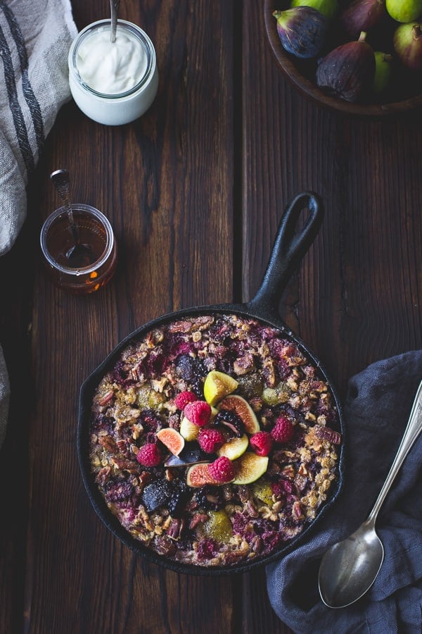 overhead shot of Baked Rolled Barley with Figs, Berries, and Cardamom