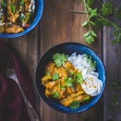 Curried Roasted Eggplant with Smoked Cardamom and Coconut Milk in a bowl