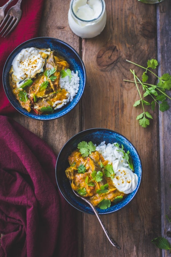 overhead shot of Curried Roasted Eggplant with Smoked Cardamom and Coconut Milk 