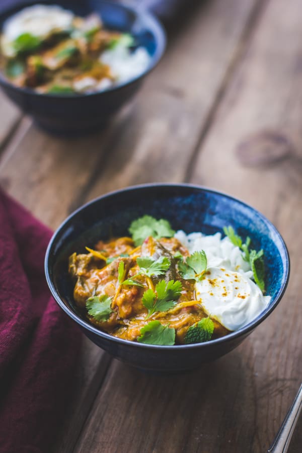 bowls of Curried Roasted Eggplant with Smoked Cardamom and Coconut Milk