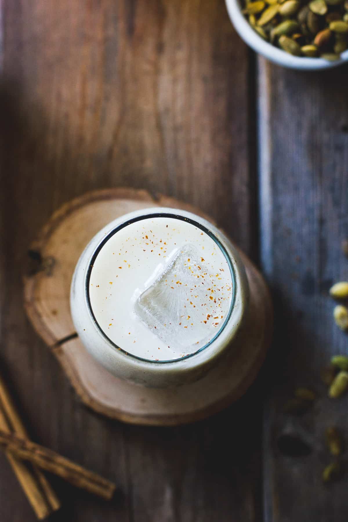 overhead shot of Vegan Homemade Horchata with Pumpkin Seeds, Maple & Spice
