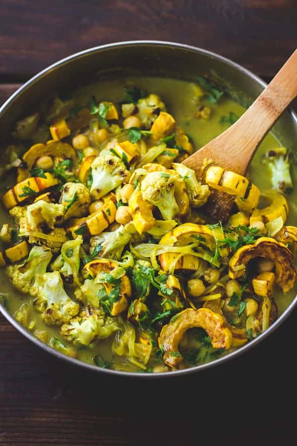 Roasted Delicata Squash, Cauliflower + Chickpea Curry in a pot