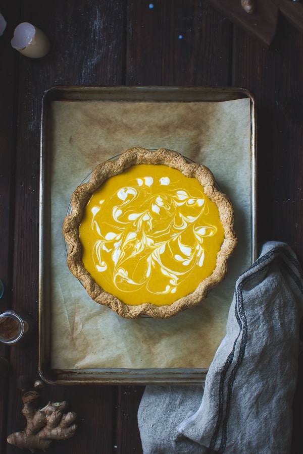 Kabocha Pumpkin Buttermilk Pie with a Crème Fraîche Swirl {Gluten-Free} on baking tray 