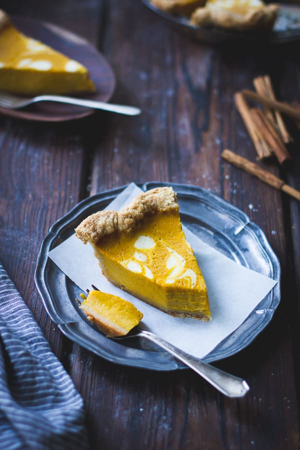 slice of Kabocha Pumpkin Buttermilk Pie with a Crème Fraîche Swirl {Gluten-Free}