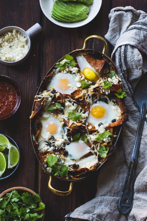 big dish of Baked Chilaquiles with Black Beans and Kale