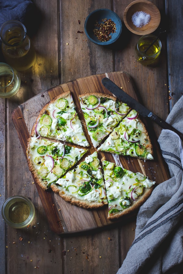 sliced Smoky Brussels Sprout Pizza with Lemon + Chile