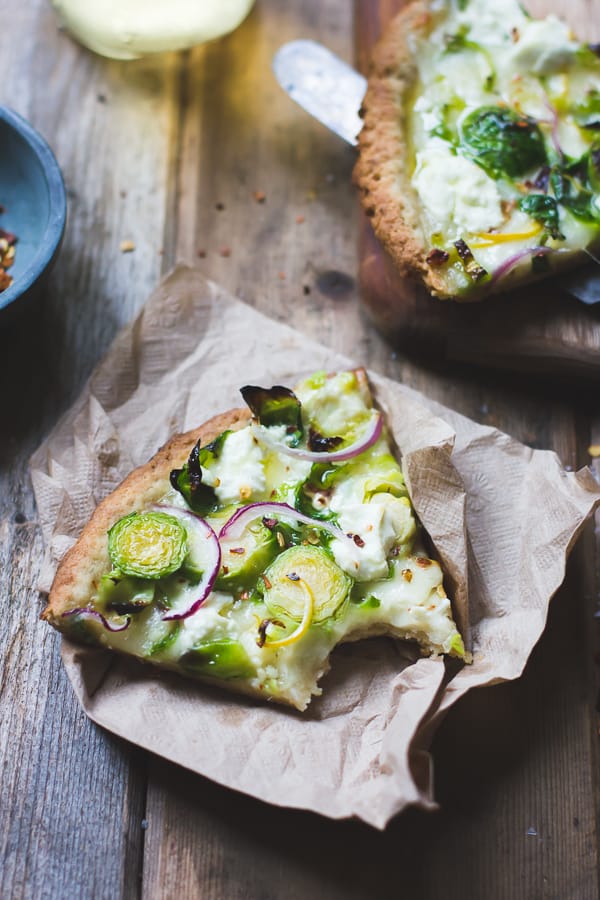 slice of Smoky Brussels Sprout Pizza with Lemon + Chile