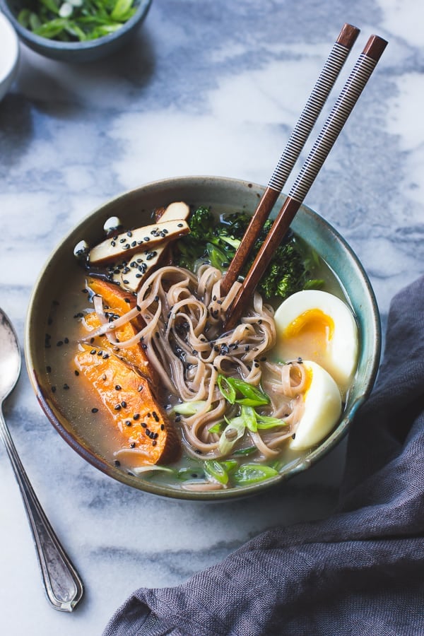 bowl of Vegetarian Miso Ramen with Rice Noodles, Roasted Sweet Potatoes + Sesame Broccolini