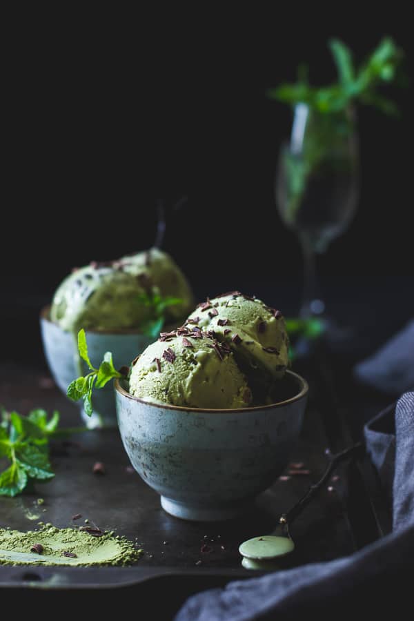 bowls of Matcha Mint Chip Ice Cream