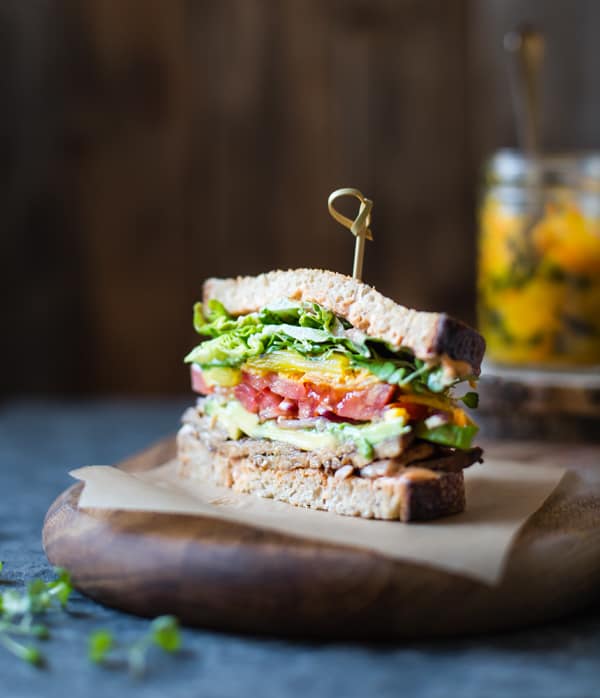Tempeh BLT with Kimchi, Avocado + Chipotle Mayonnaise on board