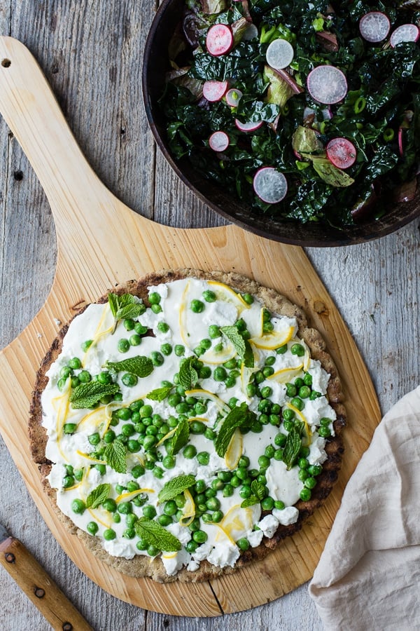 Grilled Gluten-Free Pizza with Peas, Lemon + Mint on board
