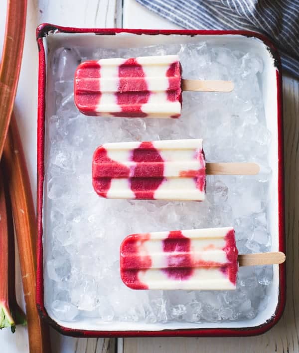 Hibiscus, Rhubarb + Yogurt Ice Pops on tray 