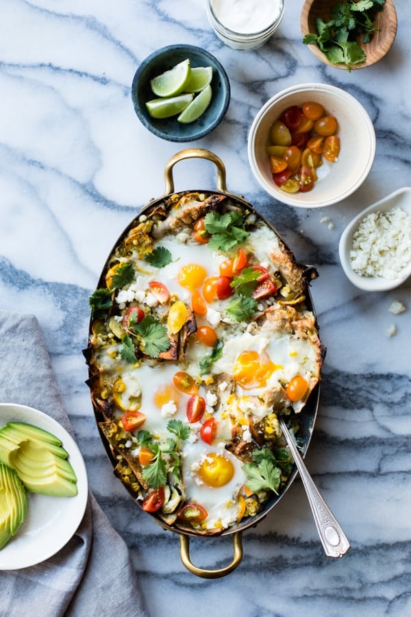 big bowl of Baked Green Chilaquiles with Sweet Corn + Summer Squash