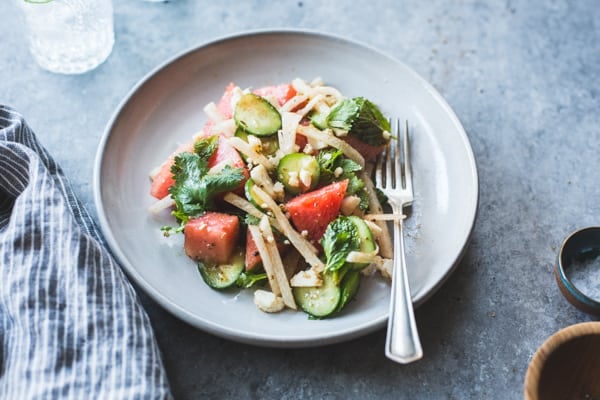 Watermelon Jicama Salad with Cotija, Cumin and Lime on dish 