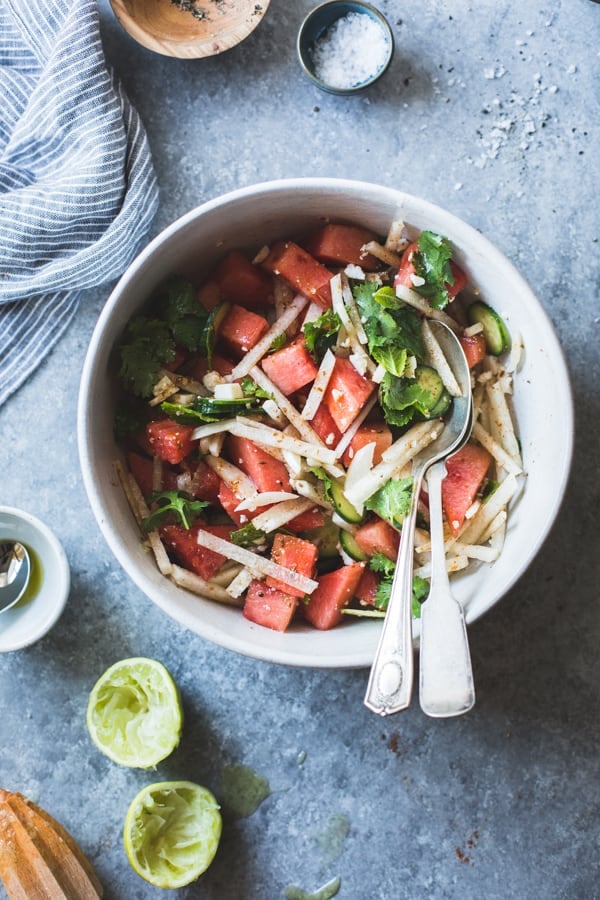 bowl of Watermelon Jicama Salad with Cotija, Cumin and Lime