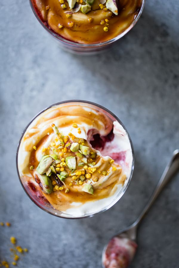 top down shot of Summer Berry, Yogurt and Buckwheat Honey Fools