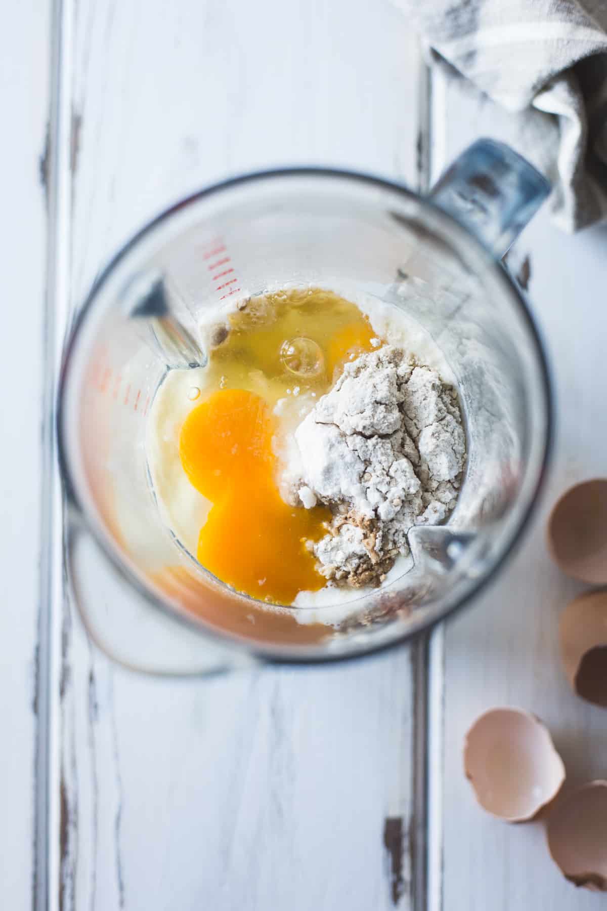eggs and flour in blender 