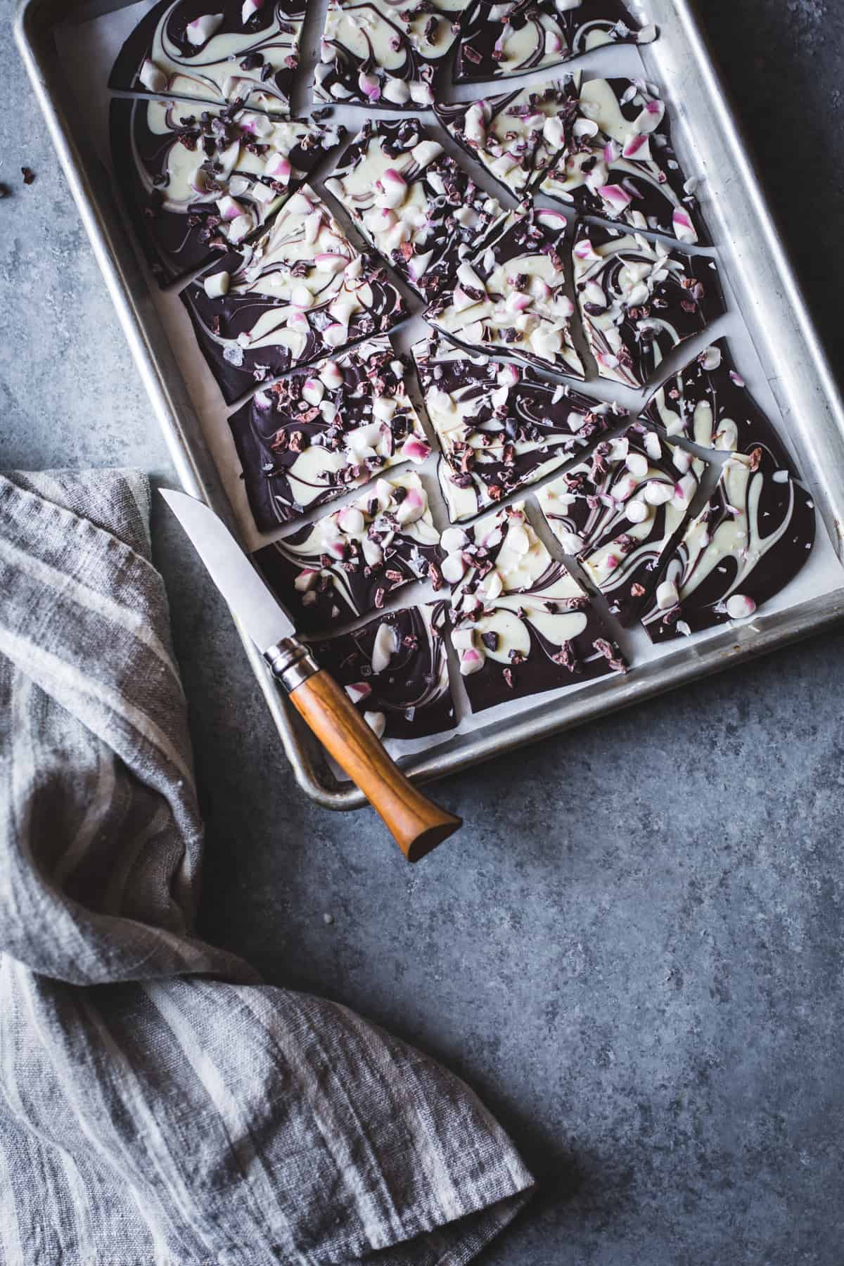 tray of All-Natural Dark Chocolate Peppermint Bark with Cacao Nibs and Flaky Salt
