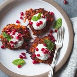 Harissa Sweet Potato Latkes with Spiced Yogurt, Mint and Pomegranate {gluten-free}